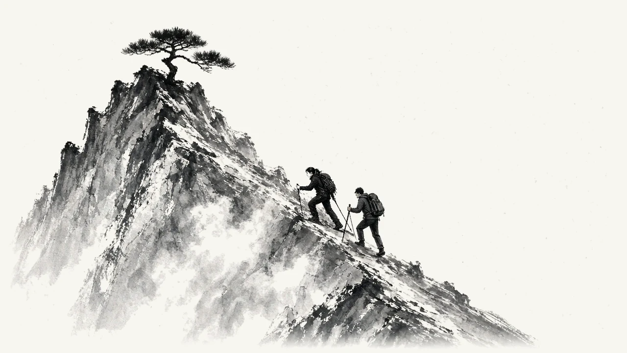 Ink drawing of two hikers climbing a steep rocky ridge toward a lone pine at the summit, one a few steps ahead of the other.