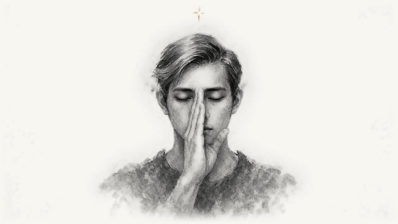 Ink drawing of a young man with his eyes closed and one hand raised to his face, a small gold star above him.